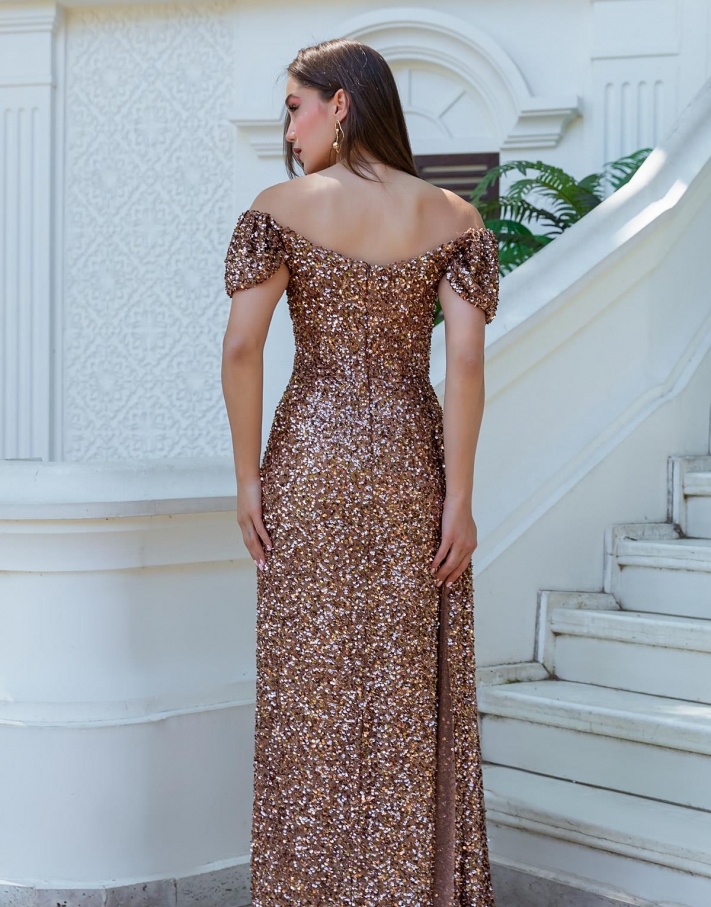 Pul ��lemeli Uzun Abiye - BRONZ